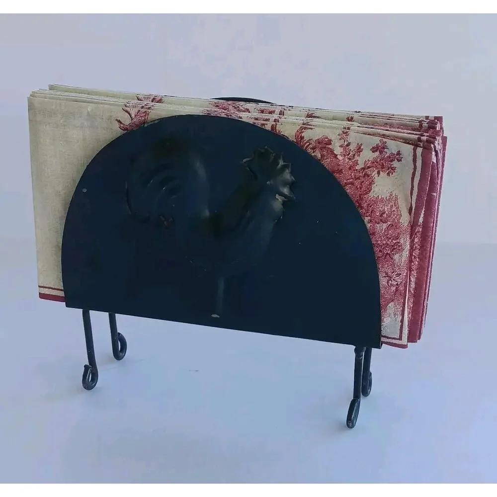 Farmhouse Napkin Metal Holder w/Toile Napkins Imprinted Rooster Primitive